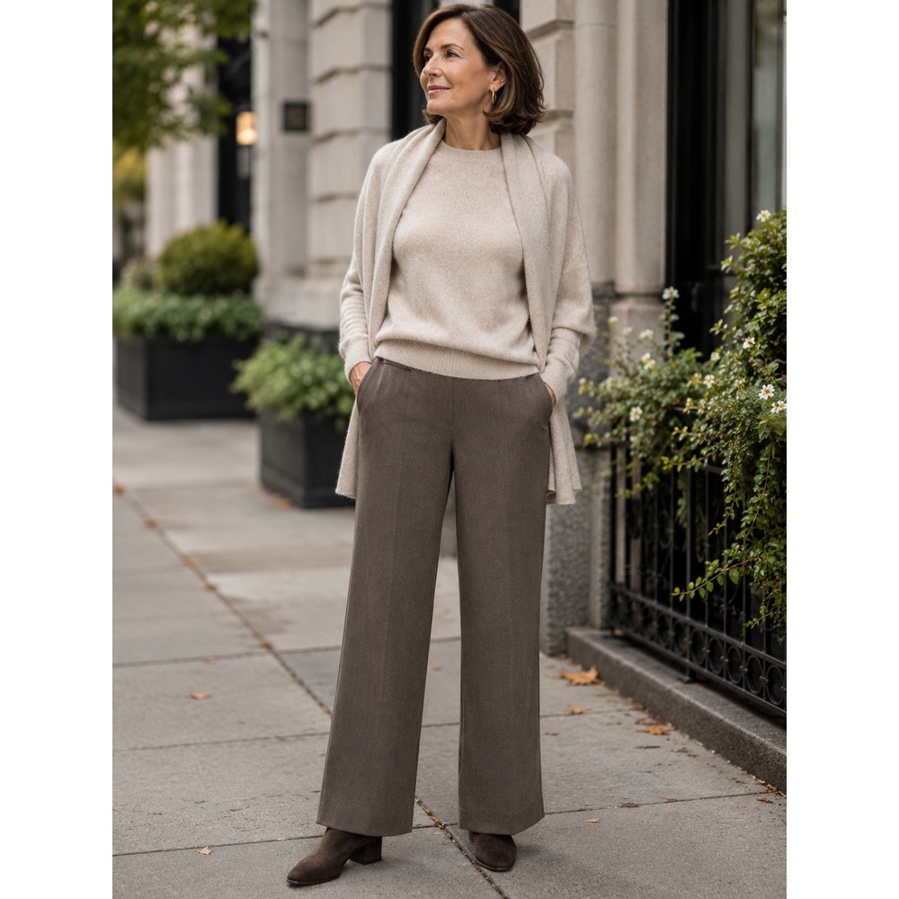 Akris Wool Wide Leg Trousers Womens 12 Brown Flat Front Professional Pants